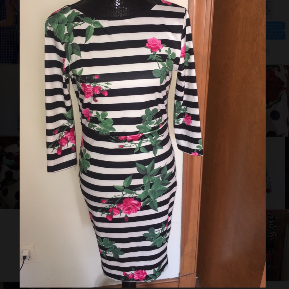 Black and white strip rose Party dress